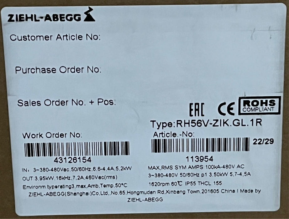 RH56V-ZIK.GL.1R ZIEHL-ABEGG centrifugal fan 3-380/480V 3.2kW 9.6/8.0A 1570rpm