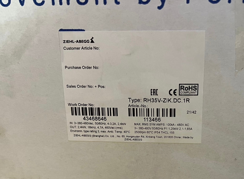 Brand new RH35V-ZlK.DC.1R  ZIEHL-ABEGG centrifugal fan 200-277V/380-480V 0.86kW 2200RPM