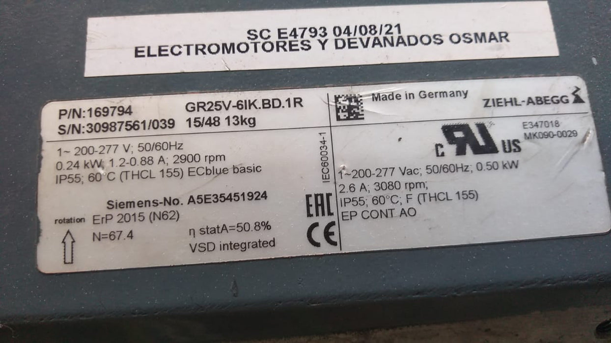 GR25V-6IK.BD.1R ZIEHL-ABEGG centrifugal fan 200-277V 0.24kW 1.2/0.88A 2900rpm