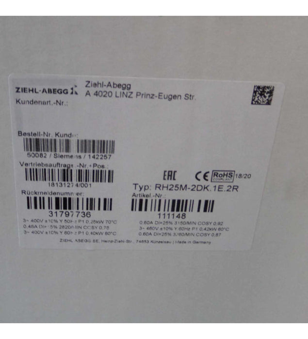 RH25M-2DK.1E.2R ZIEHL-ABEGG centrifugal fan 3-460V 0.86 W 1.3 A 3280 rpm
