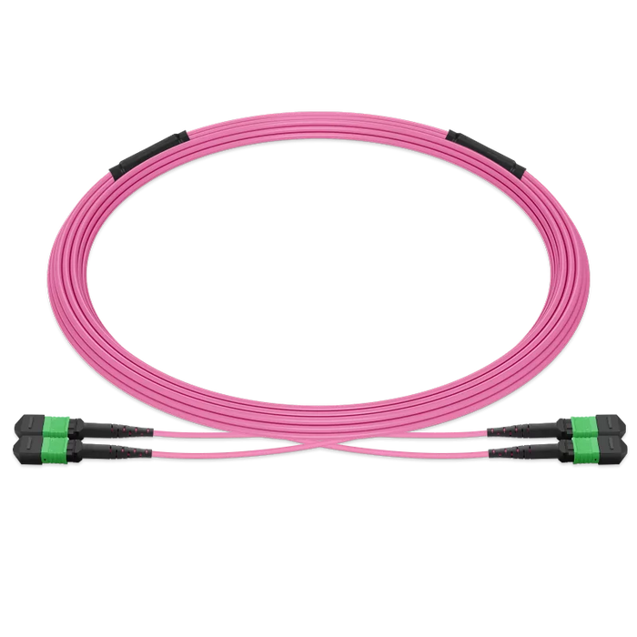 Pre-terminated MPO 2x2 Shuffle Breakout Cable, 16 Fibers, 2 x MPO-8 APC (Male) to 2 x MPO-8 APC (Male), Multimode (OM4), Type 2, LSZH/OFNP, 0.35dB Max, Breakout 80cm, Magenta