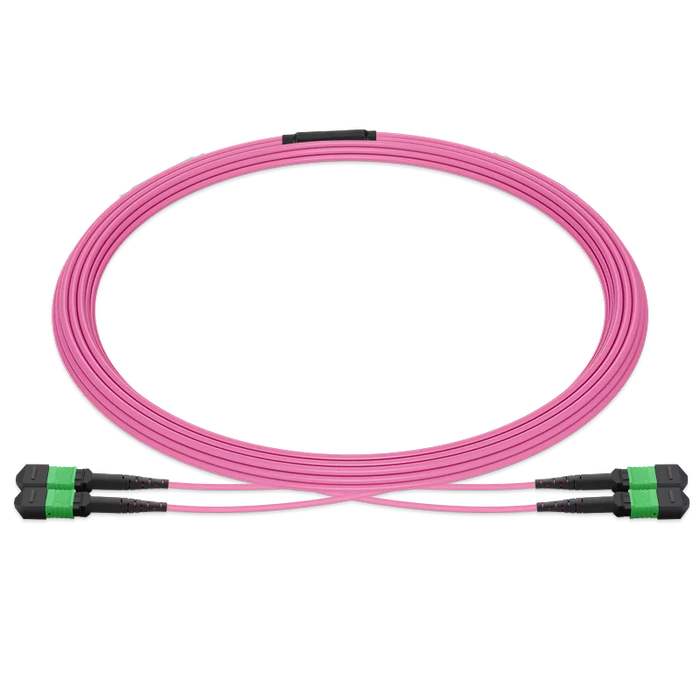 Pre-terminated MPO 2x2 Shuffle Breakout Cable, 16 Fibers, 2 x MPO-8 APC (Female) to 2 x MPO-8 APC (Female), Multimode (OM4), Type 2, LSZH/OFNP, 0.35dB Max, Breakout 80cm, Magenta