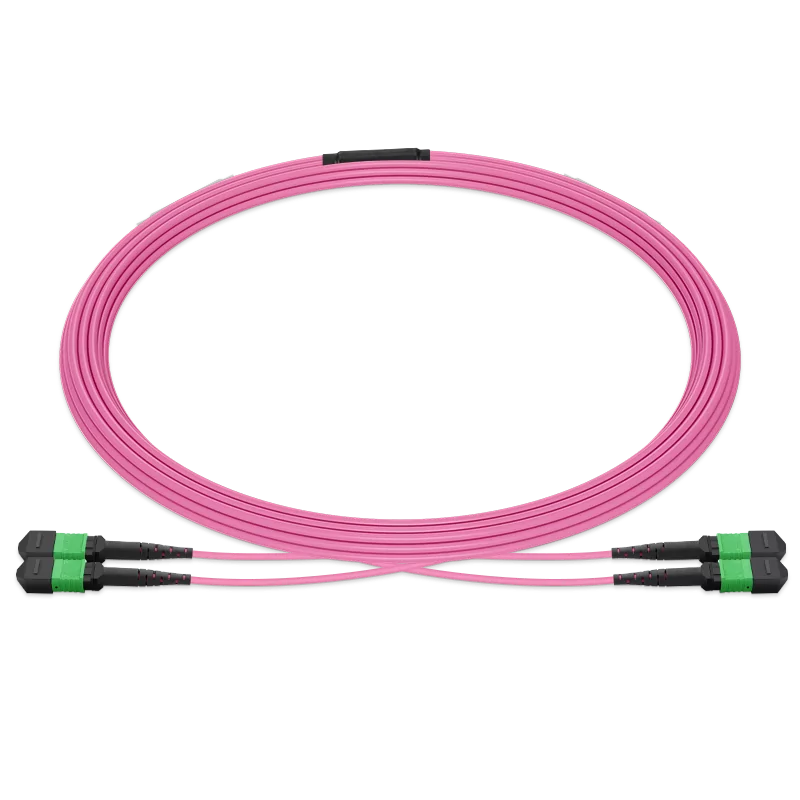 Pre-terminated MPO 2x2 Shuffle Breakout Cable, 16 Fibers, 2 x MPO-8 APC (Female) to 2 x MPO-8 APC (Female), Multimode (OM4), Type 2, LSZH/OFNP, 0.35dB Max, Breakout 80cm, Magenta