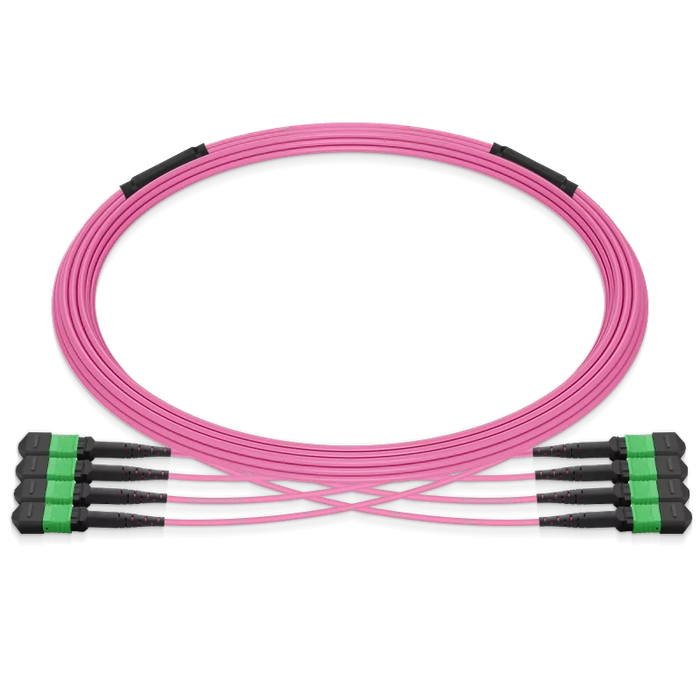 Pre-terminated MPO 4x4 Shuffle Breakout Cable, 32 Fibers, 4 x MPO-8 APC (Male) to 4 x MPO-8 APC (Male), Multimode (OM4), Type 4, LSZH/OFNP, 0.35dB Max, Breakout 80cm, Magenta