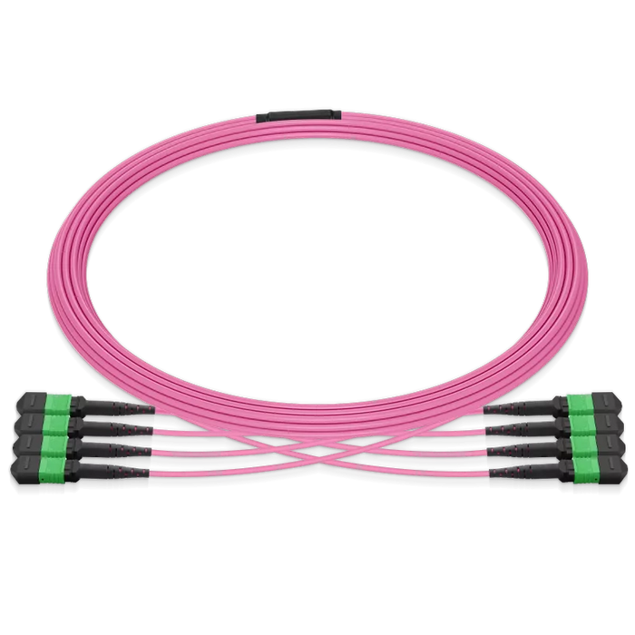 Pre-terminated MPO 4x4 Shuffle Breakout Cable, 32 Fibers, 4 x MPO-8 APC (Female) to 4 x MPO-8 APC (Female), Multimode (OM4), Type 4, LSZH/OFNP, 0.35dB Max, Breakout 80cm, Magenta