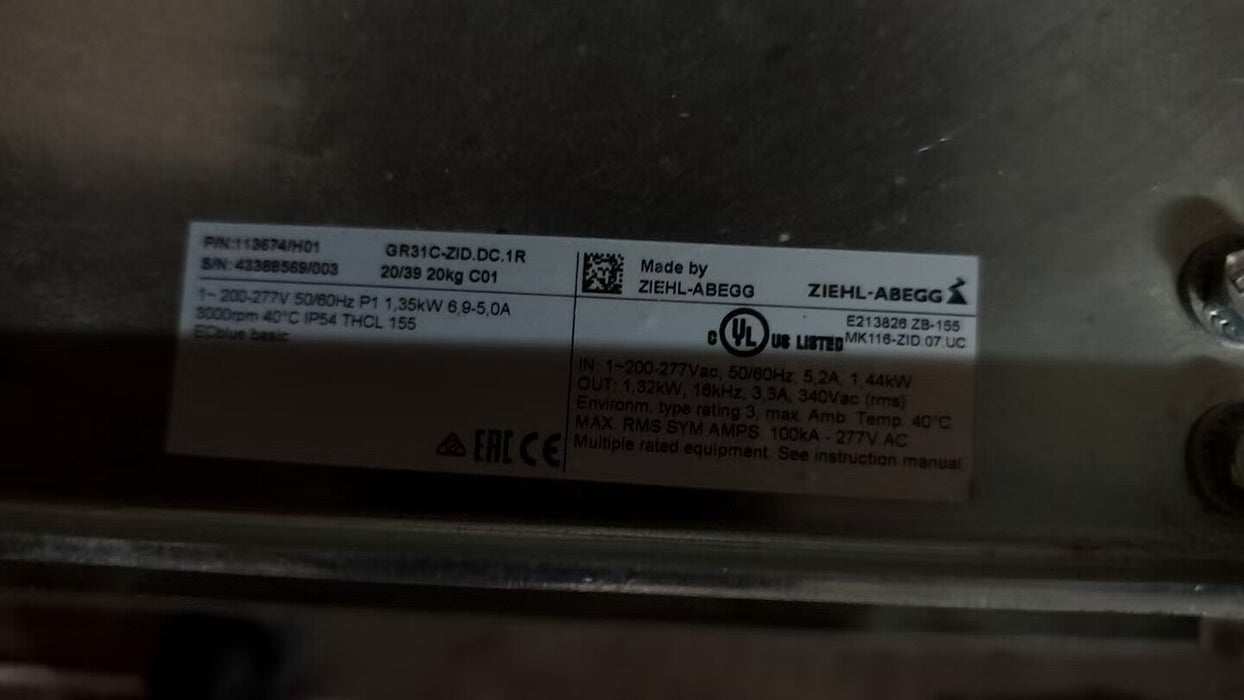 GR31C-ZID.DC.1R ZIEHL-ABEGG centrifugal fan 1~200-277V 1.35KW 6.5/5.0A 3000rpm