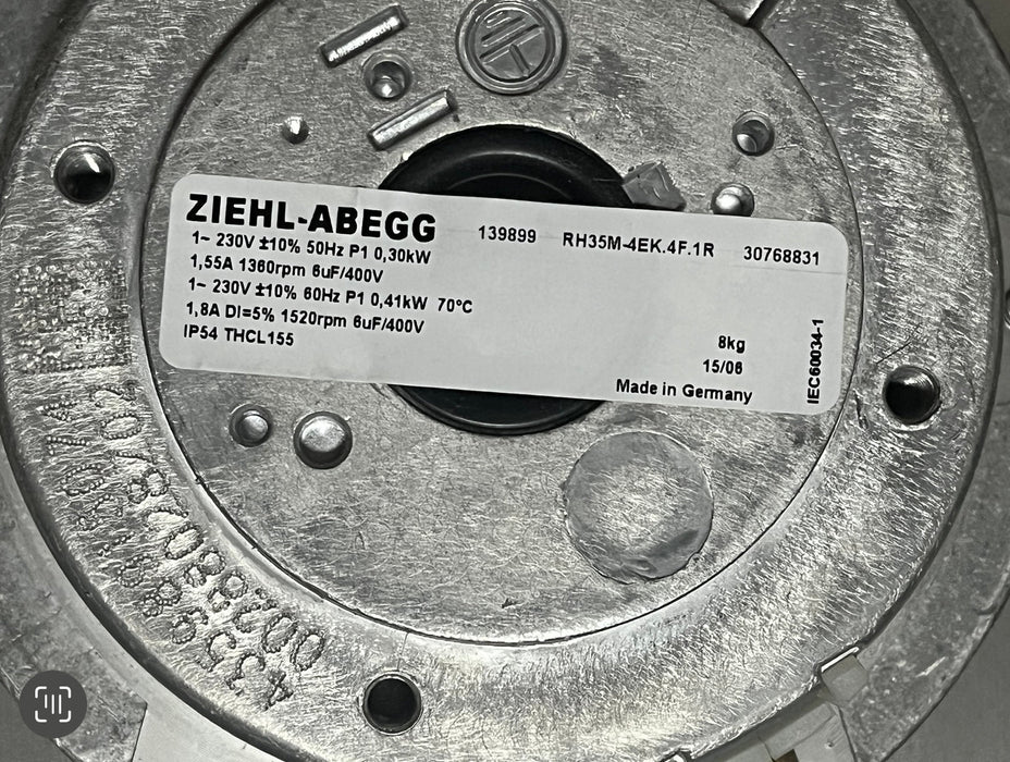 RH35M-4EK.4F.1R ZIEHL-ABEGG RH35M-4EK.4F.1R Centrifugal Fan | 0.3/0.41kW Dual Power | 1360/1520 RPM | 1~230V Single Phase for ABB Inverter 64750097