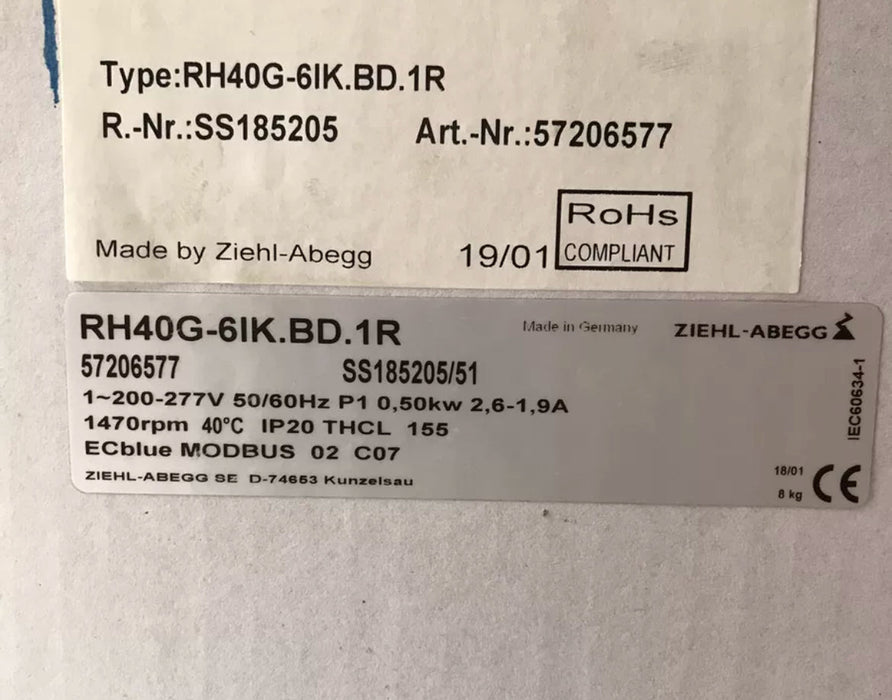 RH40G-61K.BD.1R ZIEHL-ABEGG centrifugal fan 0.5kW 200-277V 2.6/1.9A 1470rpm