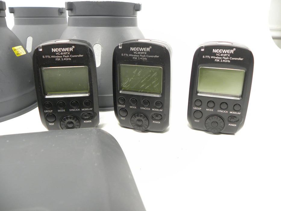 Neewer Vision 5 TTL Strobes x3 w/AC Adapters/ Strobe Reflectors/Transmitters