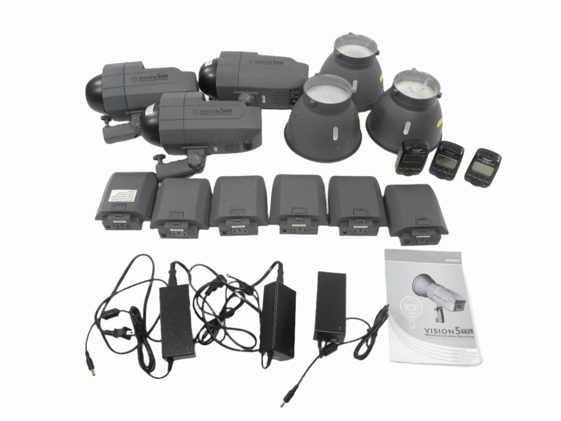 Neewer Vision 5 TTL Strobes x3 w/AC Adapters/ Strobe Reflectors/Transmitters