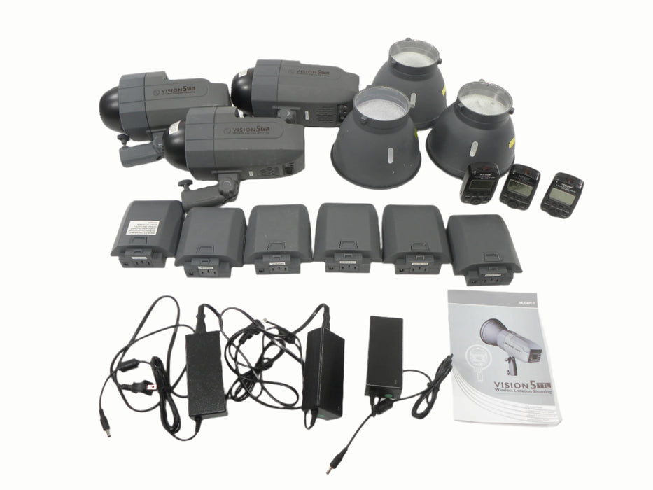 Neewer Vision 5 TTL Strobes x3 w/AC Adapters/ Strobe Reflectors/Transmitters