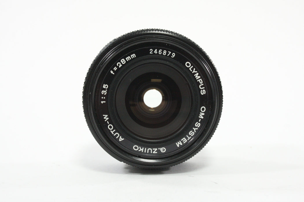 Olympus 28mm f/3.5 Auto-W G. Zuiko Lens for OM Mount with Case and Hood