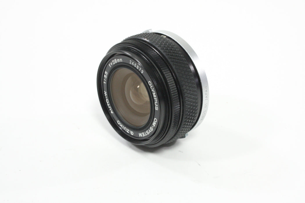 Olympus 28mm f/3.5 Auto-W G. Zuiko Lens for OM Mount with Case and Hood