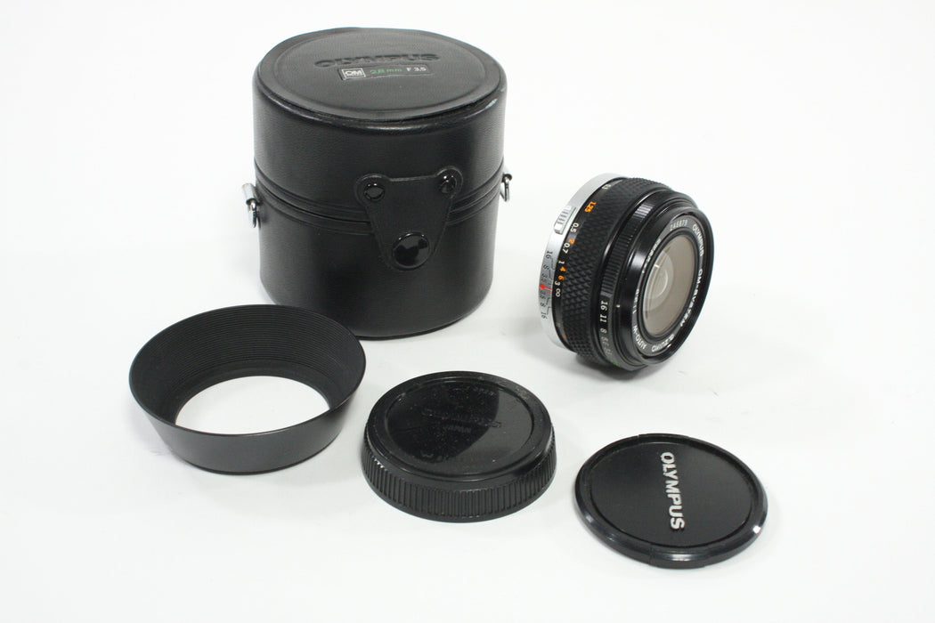 Olympus 28mm f/3.5 Auto-W G. Zuiko Lens for OM Mount with Case and Hood