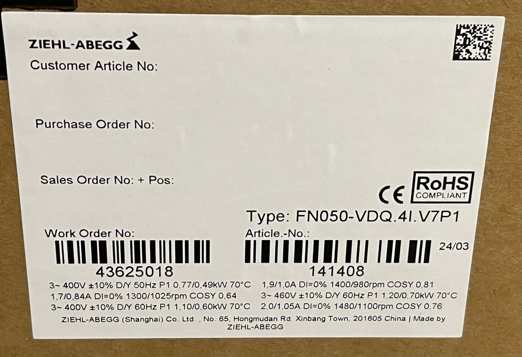 FN050-VDQ.4I.V7P1 ZIEHL-ABEGG Axial Fan 3~400/460V 0.49/1.2kW 980/1480RPM 0.84/2.0A