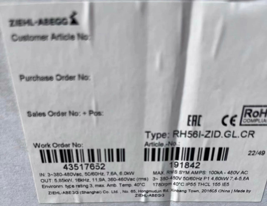 ZIEHL-ABEGG RH56I-ZID.GL.CR Centrifugal Fan | 4.6kW Industrial | 380/480V 3-Phase 11.9/7.6A