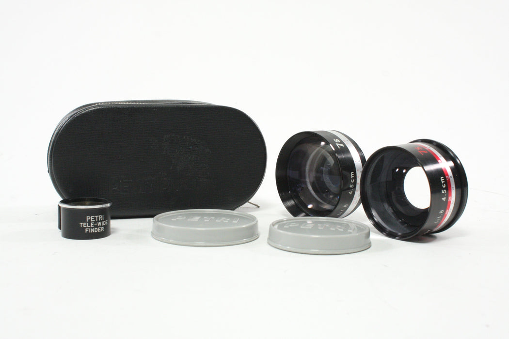 Petri AUX Lens Set with Tele-Wide Finder 75 Wide & 75 Tele for 45mm f/1.8 with Case