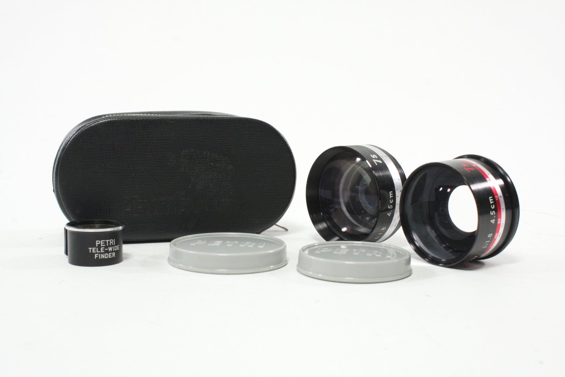 Petri AUX Lens Set with Tele-Wide Finder 75 Wide & 75 Tele for 45mm f/1.8 with Case