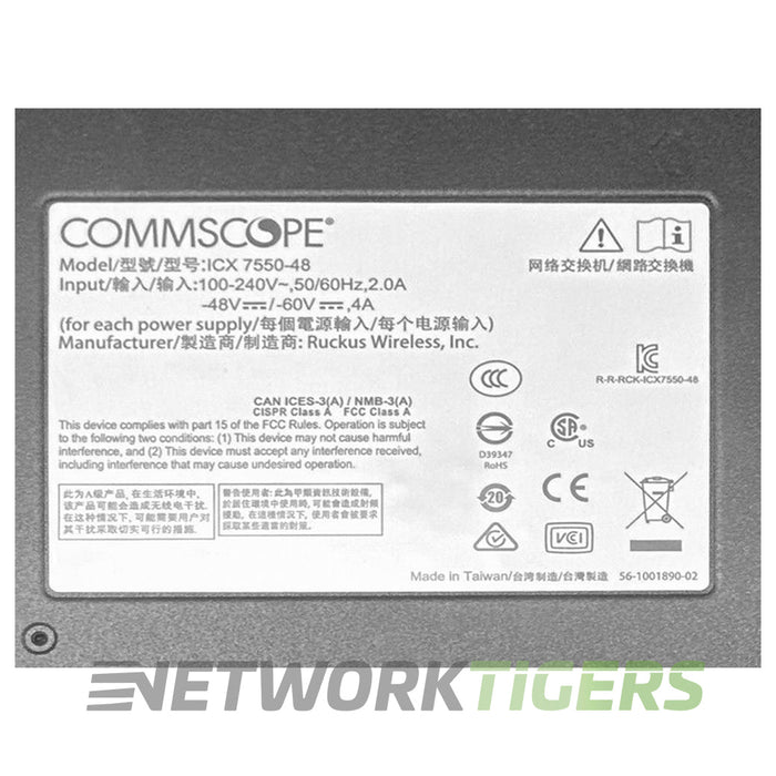 NEW Ruckus ICX7550-48-E2 48x 1GB RJ-45 2x 40GB QSFP+ Front-to-Back Air Switch
