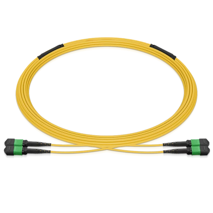 Pre-terminated MPO 2x2 Shuffle Breakout Cable, 16 Fibers, 2 x MPO-8 APC (Male) to 2 x MPO-8 APC (Male), Single Mode (OS2), Type 2, LSZH/OFNP, 0.35dB Max, Breakout 80cm, Yellow