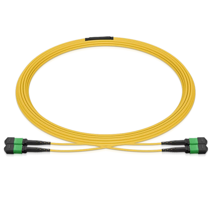 Pre-terminated MPO 2x2 Shuffle Breakout Cable, 16 Fibers, 2 x MPO-8 APC (Female) to 2 x MPO-8 APC (Female), Single Mode (OS2), Type 2, LSZH/OFNP, 0.35dB Max, Breakout 80cm, Yellow