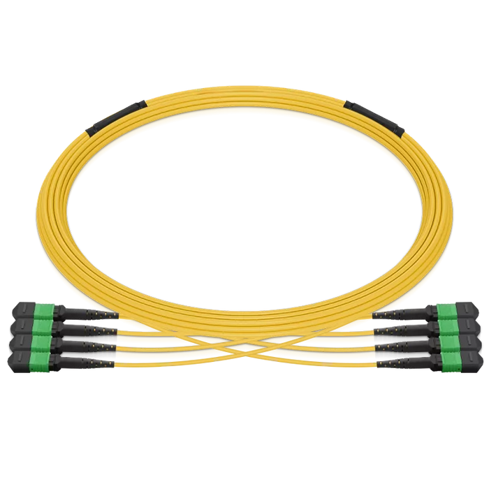 Pre-terminated MPO 4x4 Shuffle Trunk Cable, 32 Fibers, 4 x MPO-8 APC (Male) to 4 x MPO-8 APC (Male), Single Mode (OS2), Type 4, LSZH, 0.35dB Max, Breakout 80cm, Yellow
