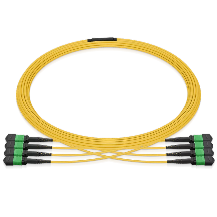 Pre-terminated MPO 4x4 Shuffle Trunk Cable, 32 Fibers, 4 x MPO-8 APC (Female) to 4 x MPO-8 APC (Female), Single Mode (OS2), Type 4, LSZH, 0.35dB Max, Breakout 80cm, Yellow