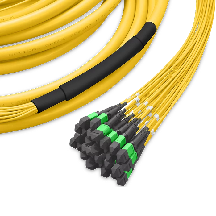 Pre-terminated MPO 4x4 Shuffle Trunk Cable, 256 Fibers, 32 x MPO-8 APC (Male) to 32 x MPO-8 APC (Male), Single Mode (OS2), Type 4, LSZH, 0.35dB Max, Breakout 80cm, Yellow