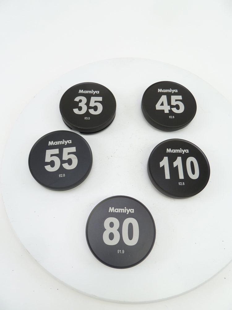 Simmod hoods with caps for 5 Mamiya Lenses
