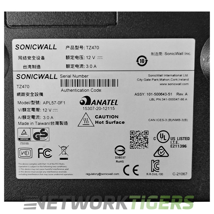 SonicWall TZ470 02-SSC-2829 3.5 Gbps Firewall - TRANSFER READY