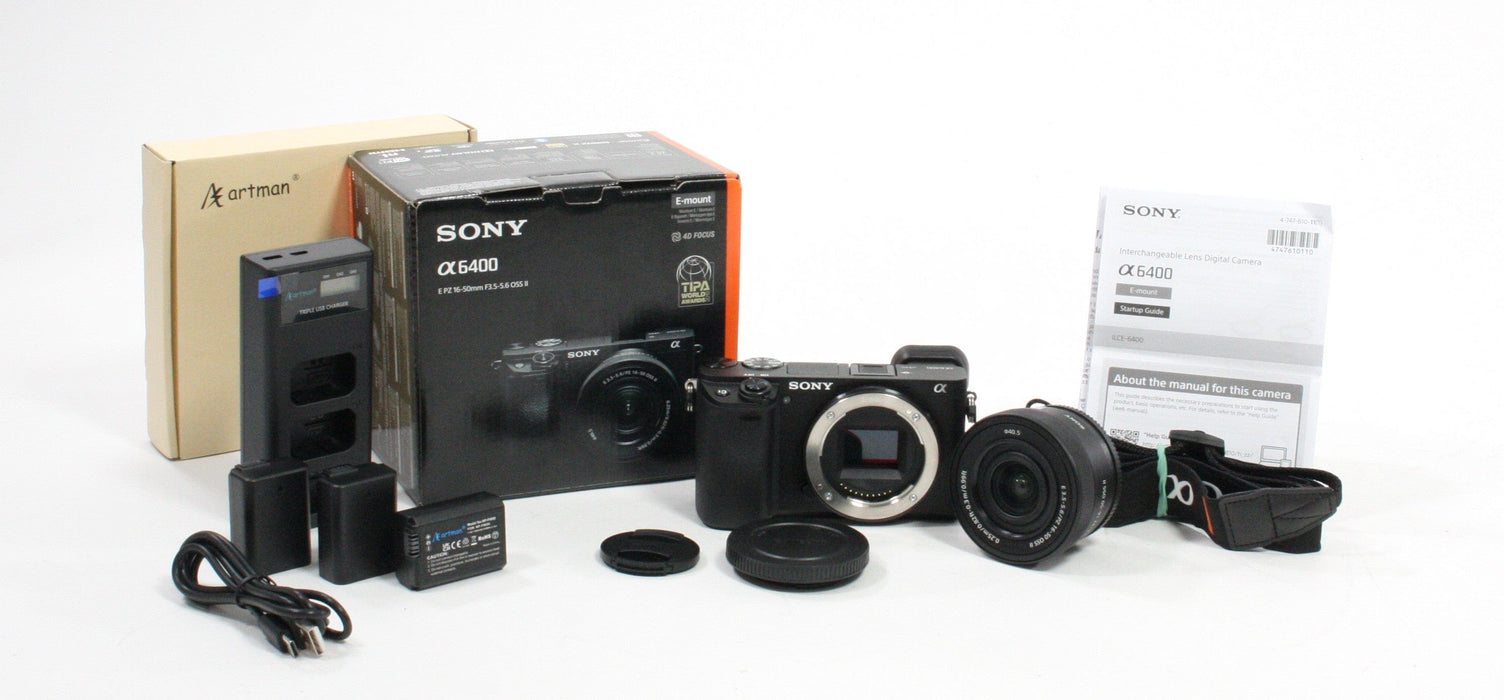 Sony 6400 Mirroless Digital Camera w 16-50mm f/3.5-5.6 & 3-Battery Charger Kit Shutter Count only 16