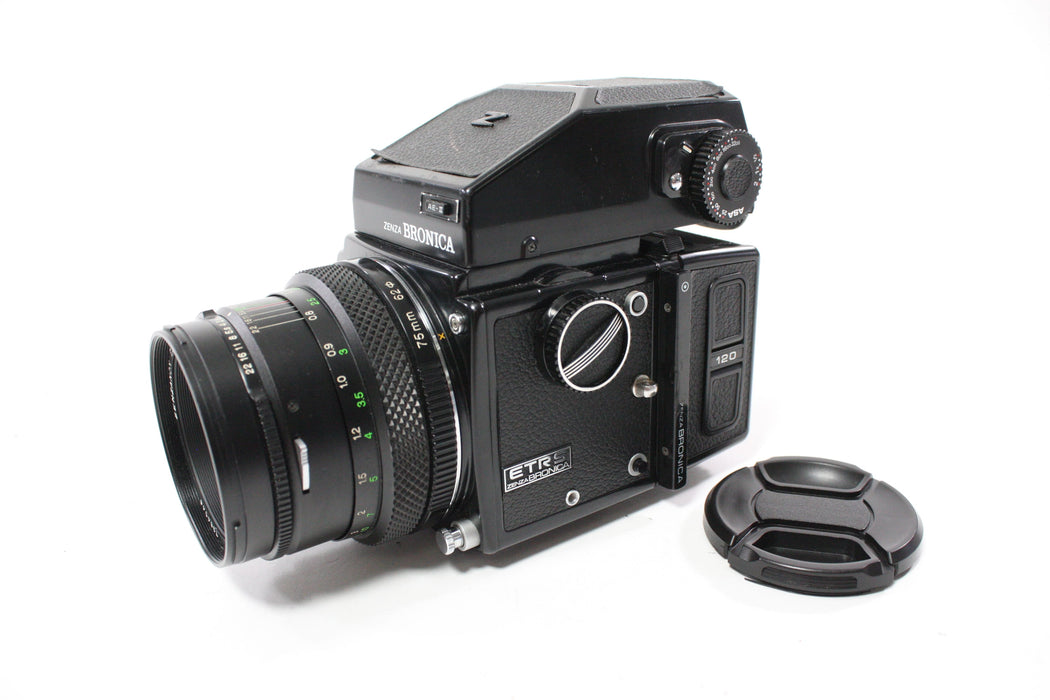 Zenza Bronica ETRS with Zenzanon EII 75mm f/2.8 Lens, 120 Film Back, and AE Prism