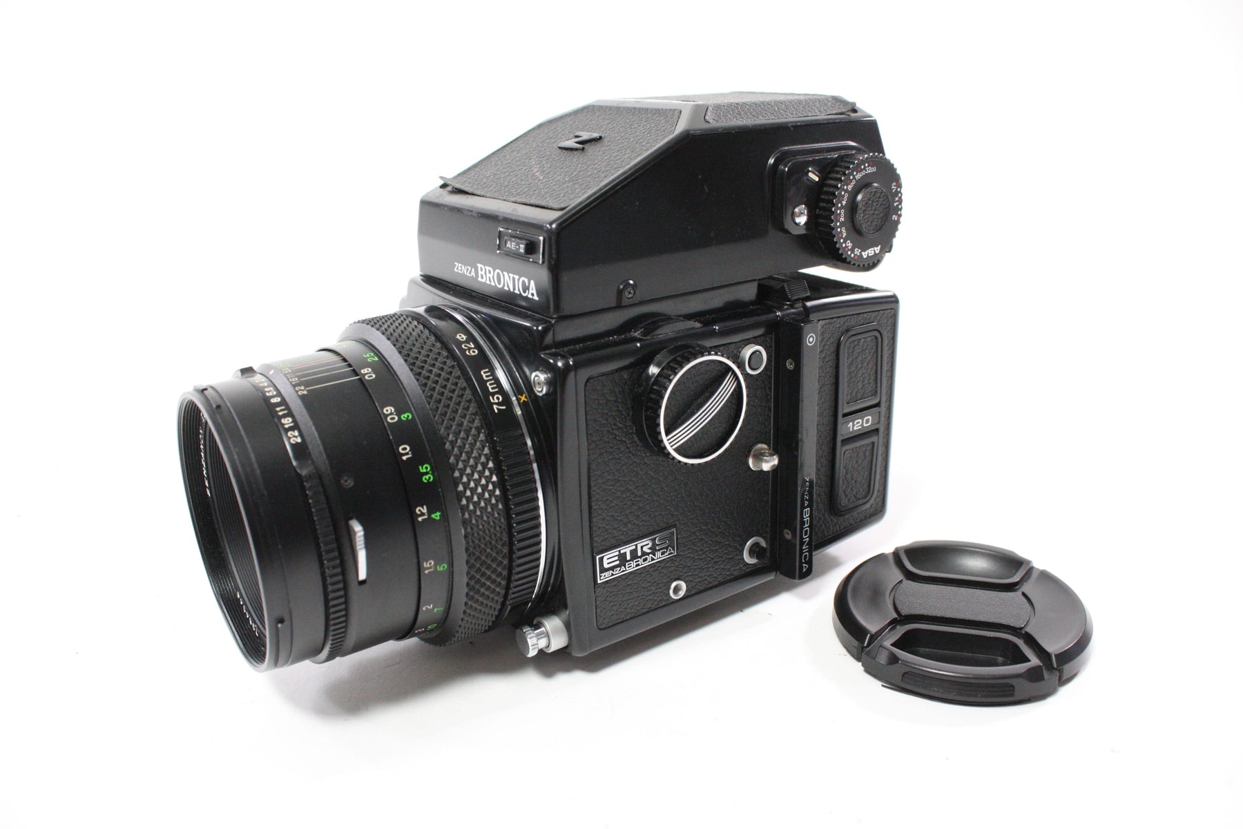 Zenza Bronica ETRS with Zenzanon EII 75mm f/2.8 Lens, 120 Film Back, and AE Prism