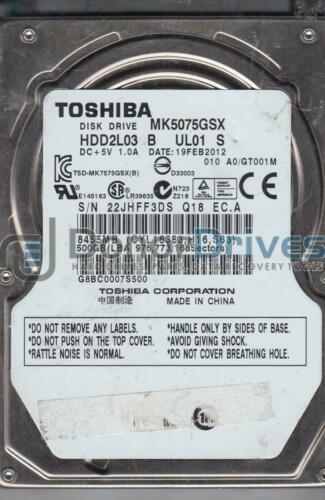 MK5075GSX, A0/GT001M, HDD2L03 B UL01 S, Toshiba 500GB SATA 2.5 Hard Drive disco